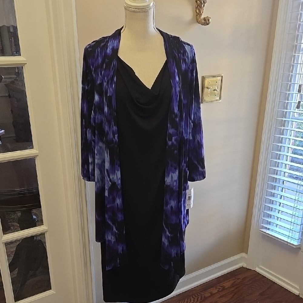 Connected Woman Black Dress Attached Purple Patterned Cardigan Stretch  20W NEW
